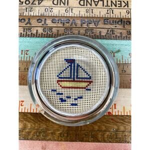 Vintage Hand Crafted Glass Paperweight Cross Stitch Sailboat Nautical MCM Retro